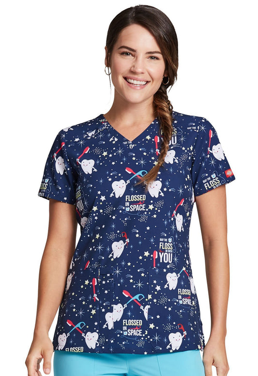 Dental Print V Neck Scrub Top DK616 FLAE - Scrubs Select