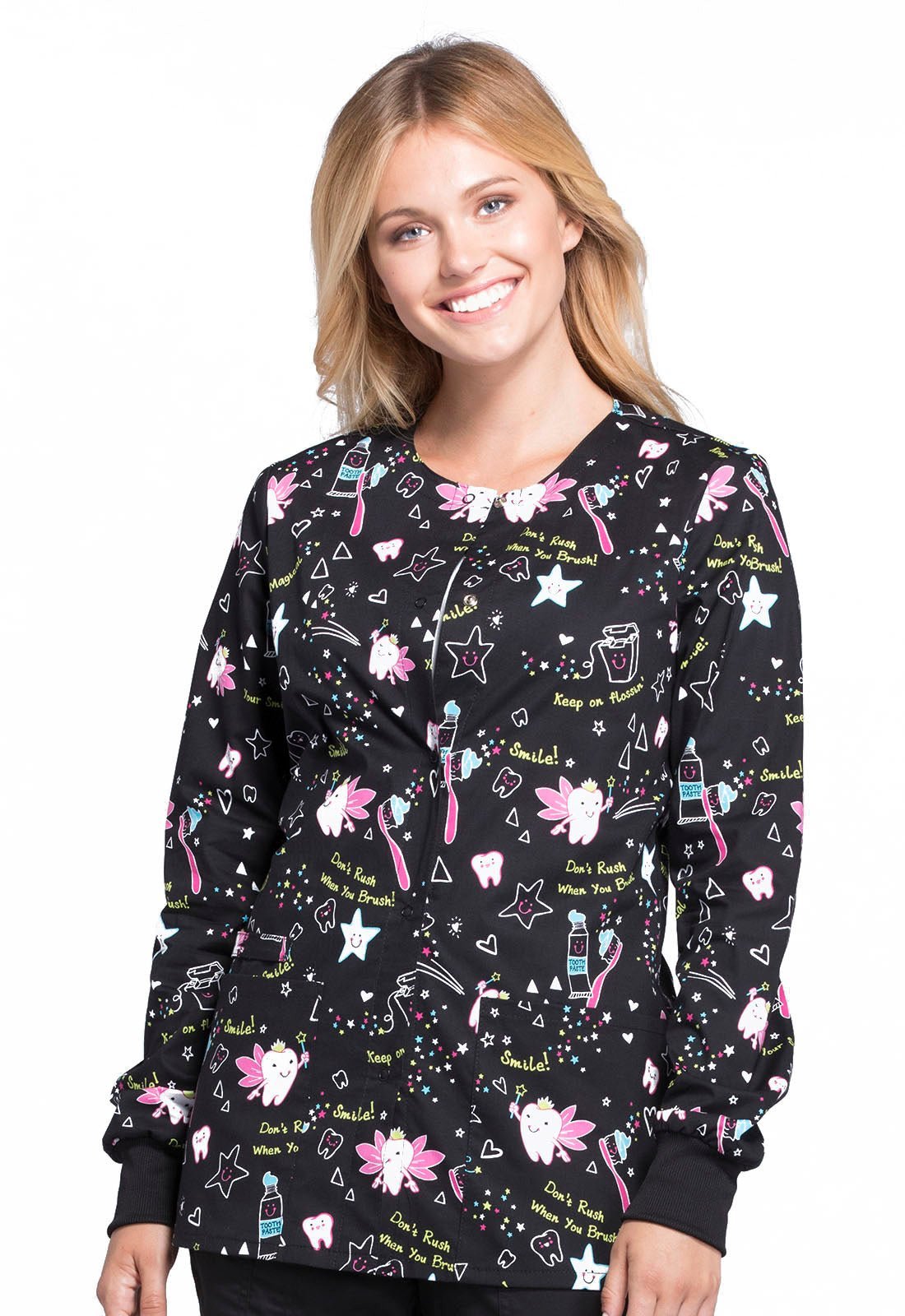 Dental Print Warm Up Scrub Jacket CK301 TOFR - Scrubs Select