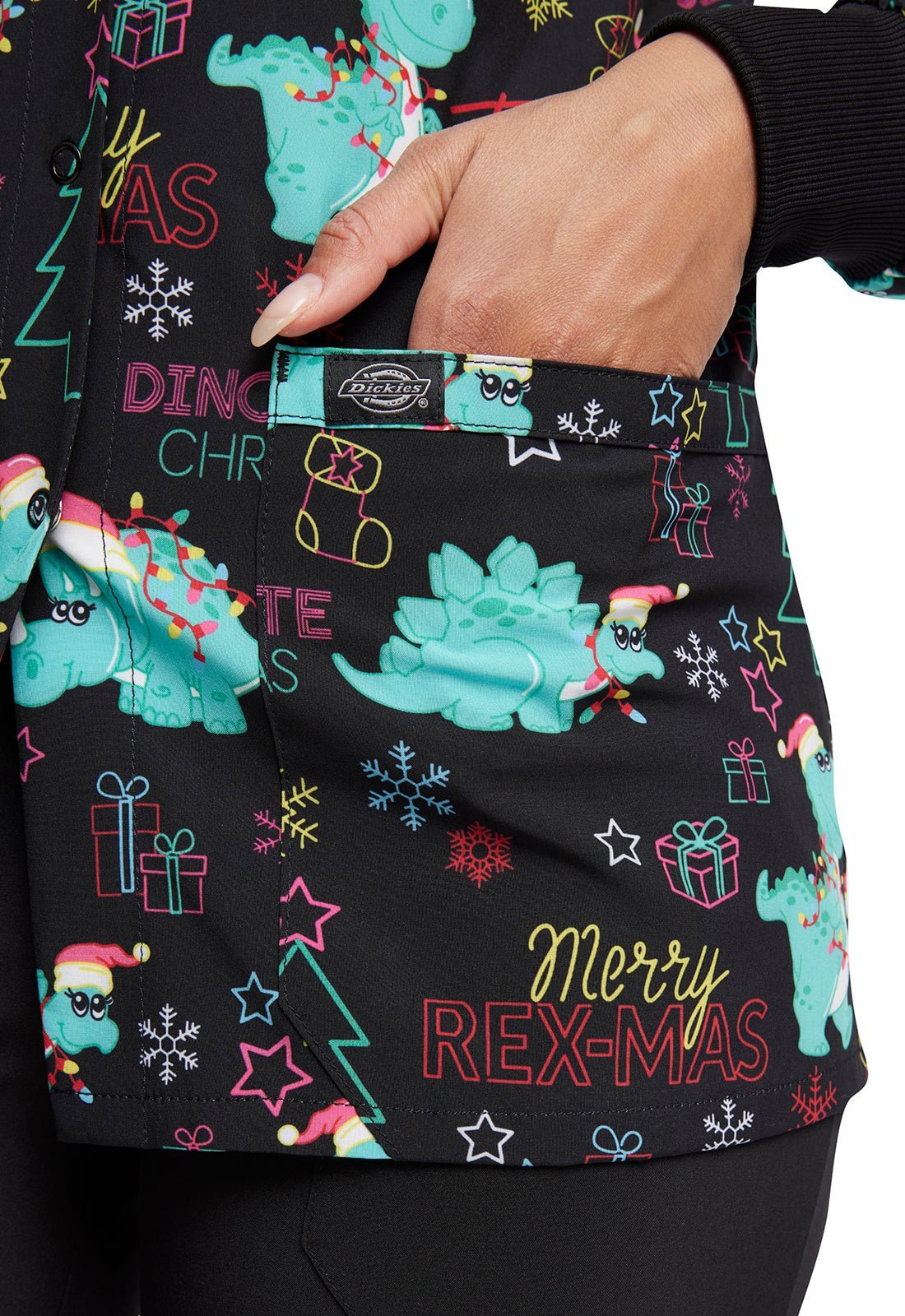 Dinosaur Dickies Christmas EDS Snap Front Scrub Jacket DK309 MRRX - Scrubs Select
