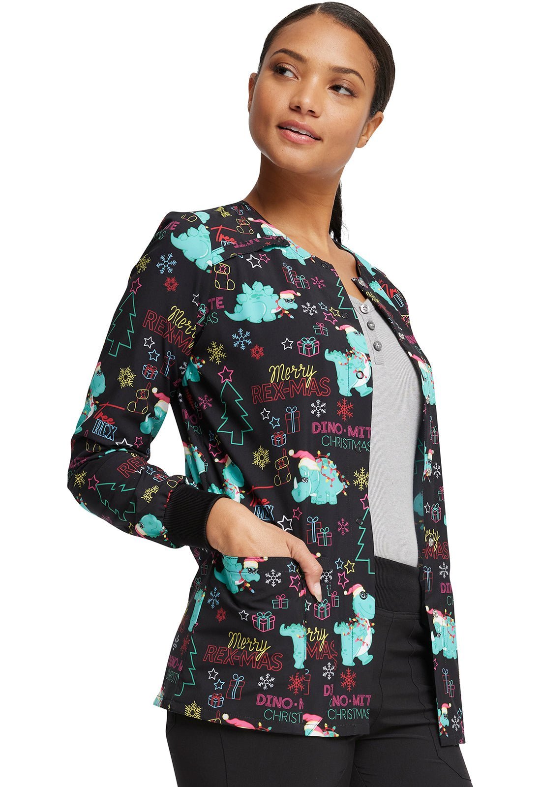 Dinosaur Dickies Christmas EDS Snap Front Scrub Jacket DK309 MRRX - Scrubs Select
