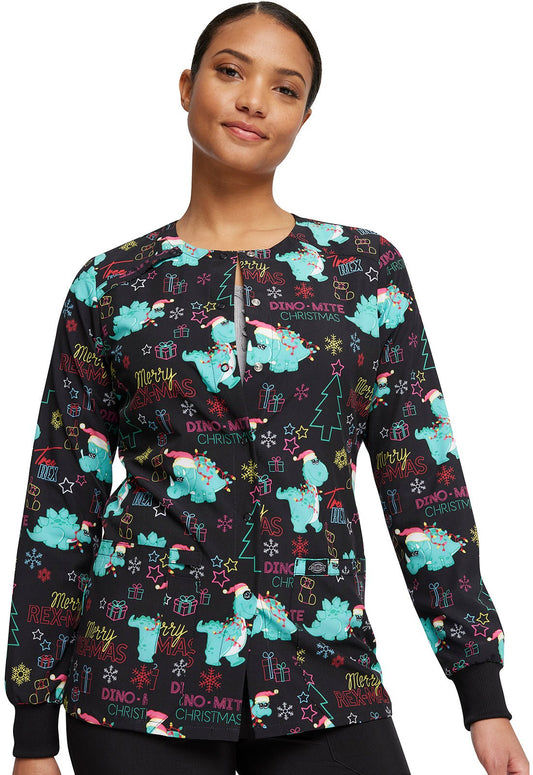 Dinosaur Dickies Christmas EDS Snap Front Scrub Jacket DK309 MRRX - Scrubs Select