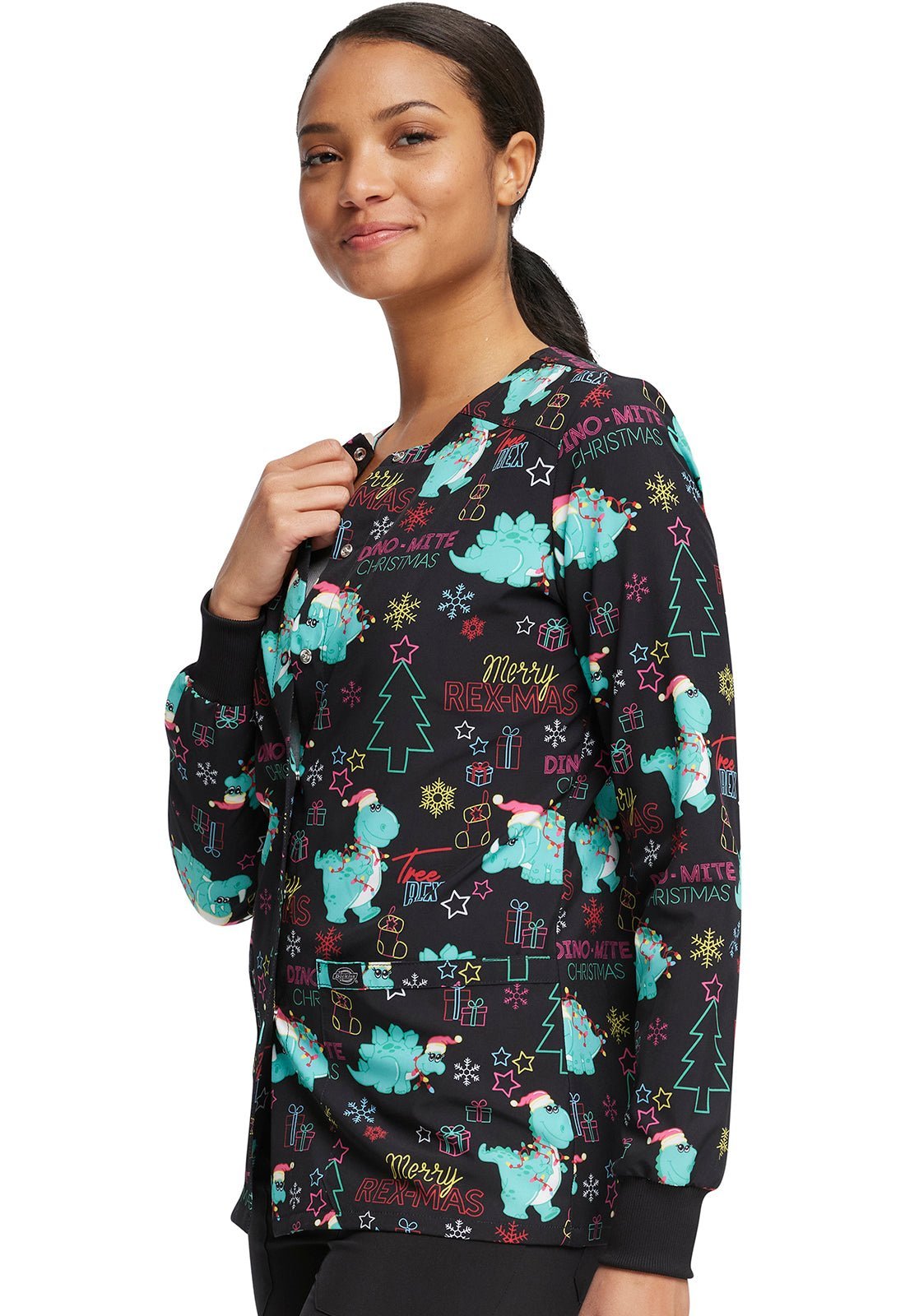 Dinosaur Dickies Christmas EDS Snap Front Scrub Jacket DK309 MRRX - Scrubs Select