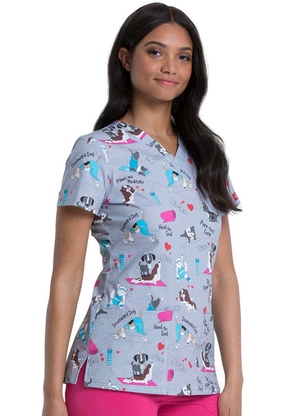 Dog Print Dickies V Neck Scrub Top DK704 DWDG - Scrubs Select