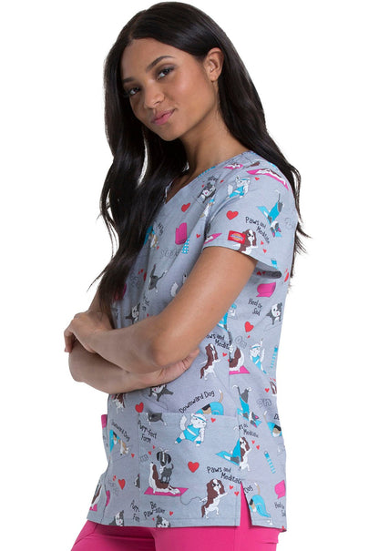 Dog Print Dickies V Neck Scrub Top DK704 DWDG - Scrubs Select