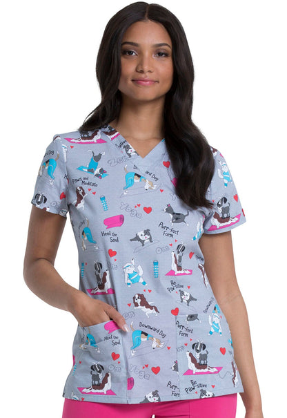 Dog Print Dickies V Neck Scrub Top DK704 DWDG - Scrubs Select