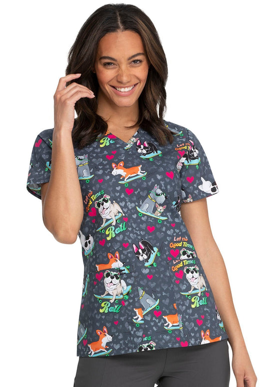 Dog Print V Neck Scrub Top DK617 GOOT - Scrubs Select
