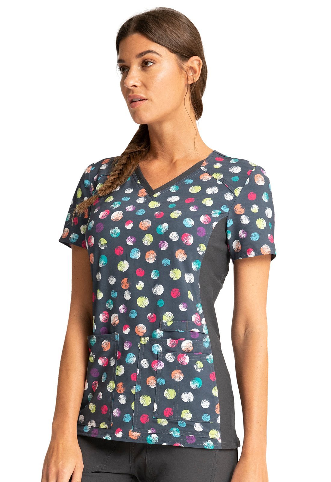 Dots Cheroke iFlex Print V Neck Knit Panel Scrub Top CK636 PYDT - Scrubs Select