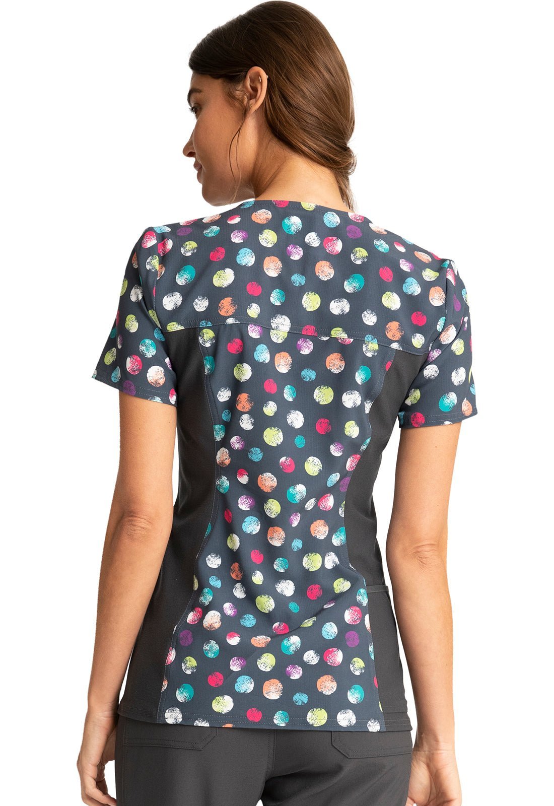 Dots Cheroke iFlex Print V Neck Knit Panel Scrub Top CK636 PYDT - Scrubs Select