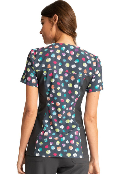Dots Cheroke iFlex Print V Neck Knit Panel Scrub Top CK636 PYDT - Scrubs Select