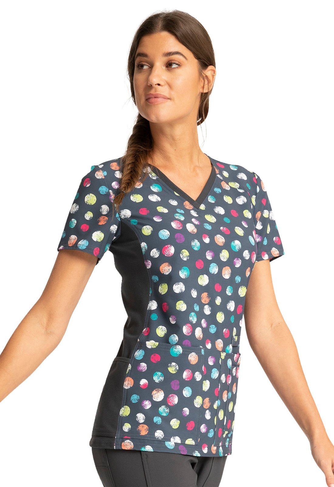 Dots Cheroke iFlex Print V Neck Knit Panel Scrub Top CK636 PYDT - Scrubs Select