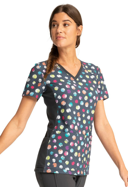 Dots Cheroke iFlex Print V Neck Knit Panel Scrub Top CK636 PYDT - Scrubs Select