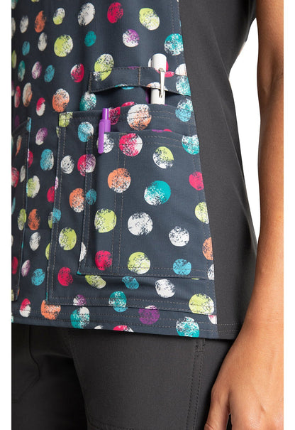 Dots Cheroke iFlex Print V Neck Knit Panel Scrub Top CK636 PYDT - Scrubs Select