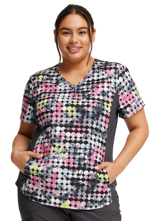 Dot's So Retro Cherokee iFlex Print V Neck Knit Panel Scrub Top CK732 DTSR - Scrubs Select
