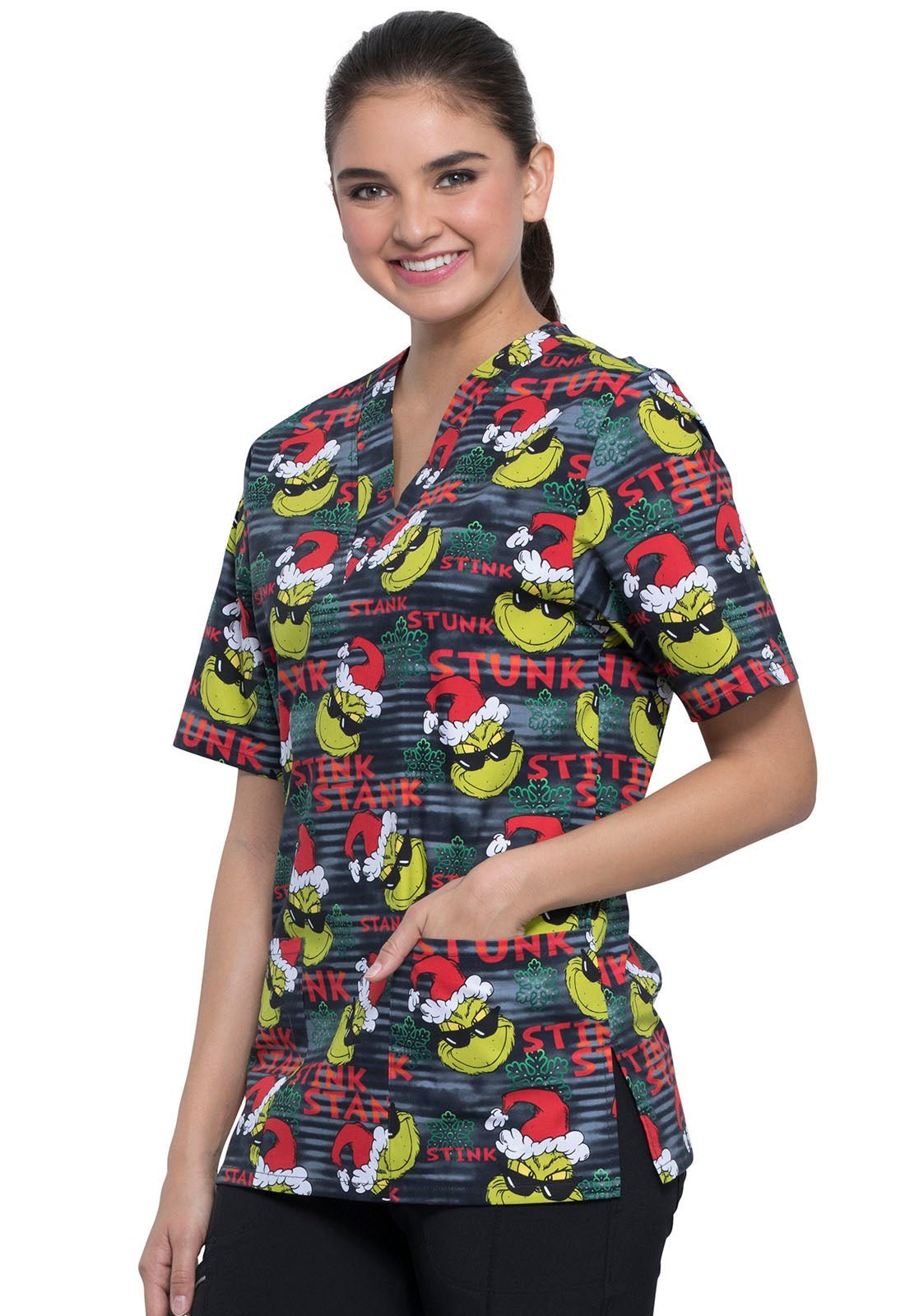 Dr. Seuss Tooniforms Licensed Christmas Unisex V Neck Scrub Top TF606 SEIN - Scrubs Select