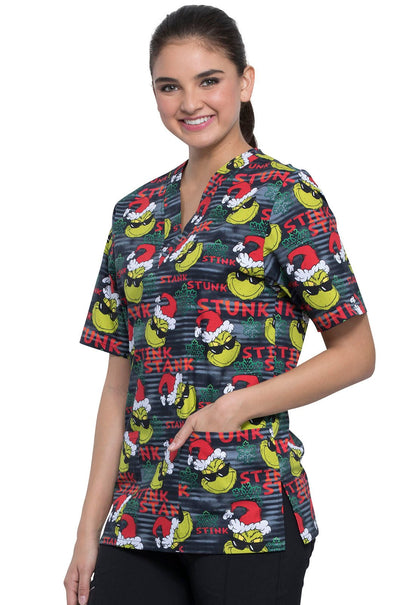 Dr. Seuss Tooniforms Licensed Christmas Unisex V Neck Scrub Top TF606 SEIN - Scrubs Select