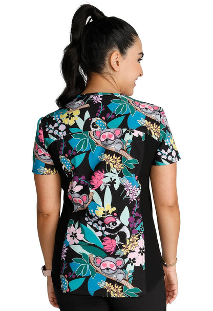 Dreamy Jungle Cherokee iflex Koala Panda Print V Neck Knit Panel Scrub Top CK732 DYJG - Scrubs Select