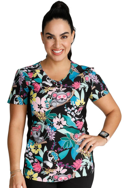 Dreamy Jungle Cherokee iflex Koala Panda Print V Neck Knit Panel Scrub Top CK732 DYJG - Scrubs Select