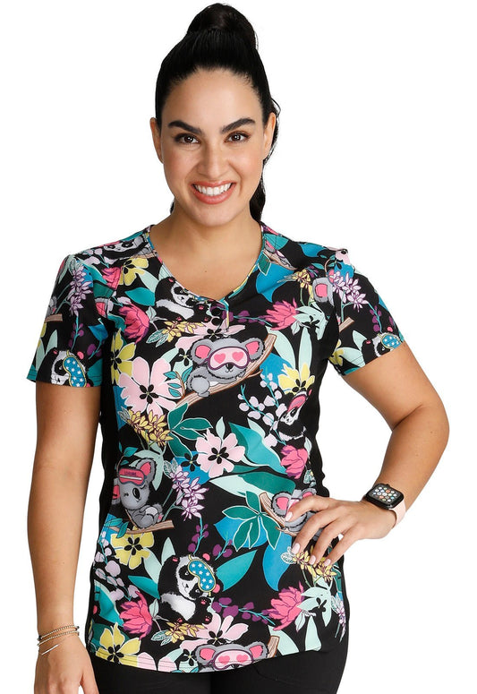 Dreamy Jungle Cherokee iflex Koala Panda Print V Neck Knit Panel Scrub Top CK732 DYJG - Scrubs Select