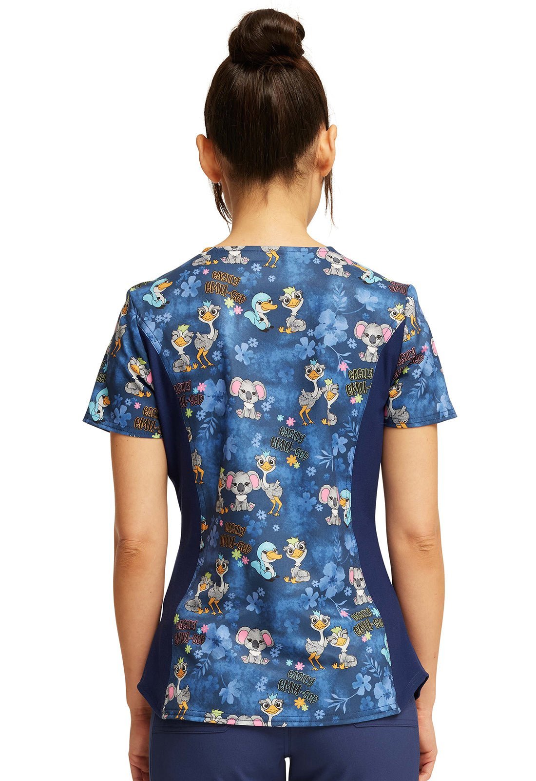 Easily Emu - sed Cherokee iFlex Animal Print V Neck Knit Panel Scrub Top CK641 EMUS - Scrubs Select