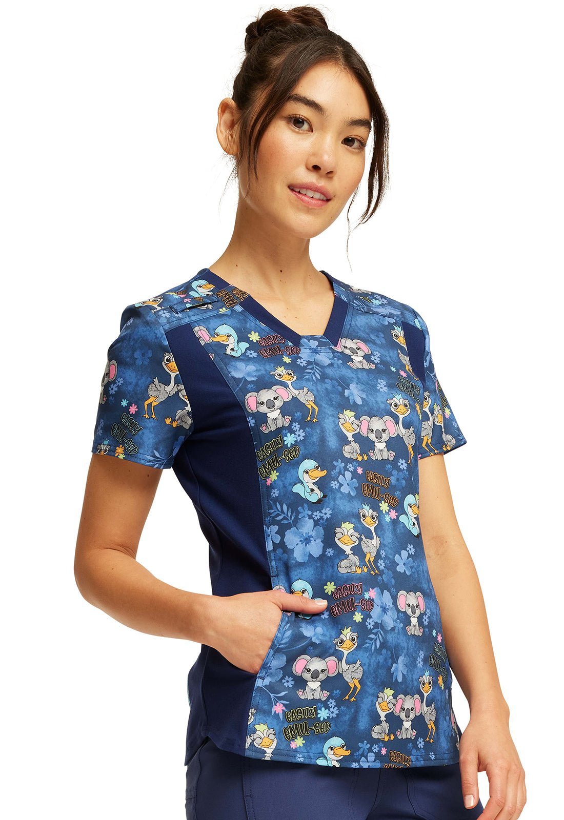Easily Emu - sed Cherokee iFlex Animal Print V Neck Knit Panel Scrub Top CK641 EMUS - Scrubs Select