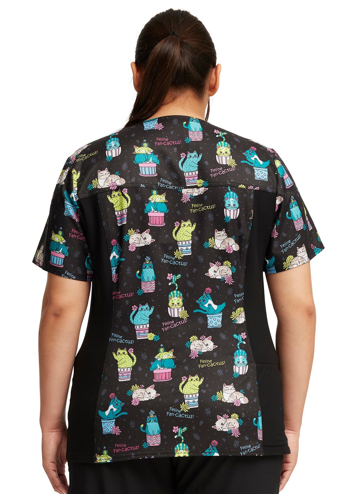 Feline Fan - cactus Cherokee Cat iFlex Print V Neck Knit Panel Scrub Top CK636 FFNC - Scrubs Select