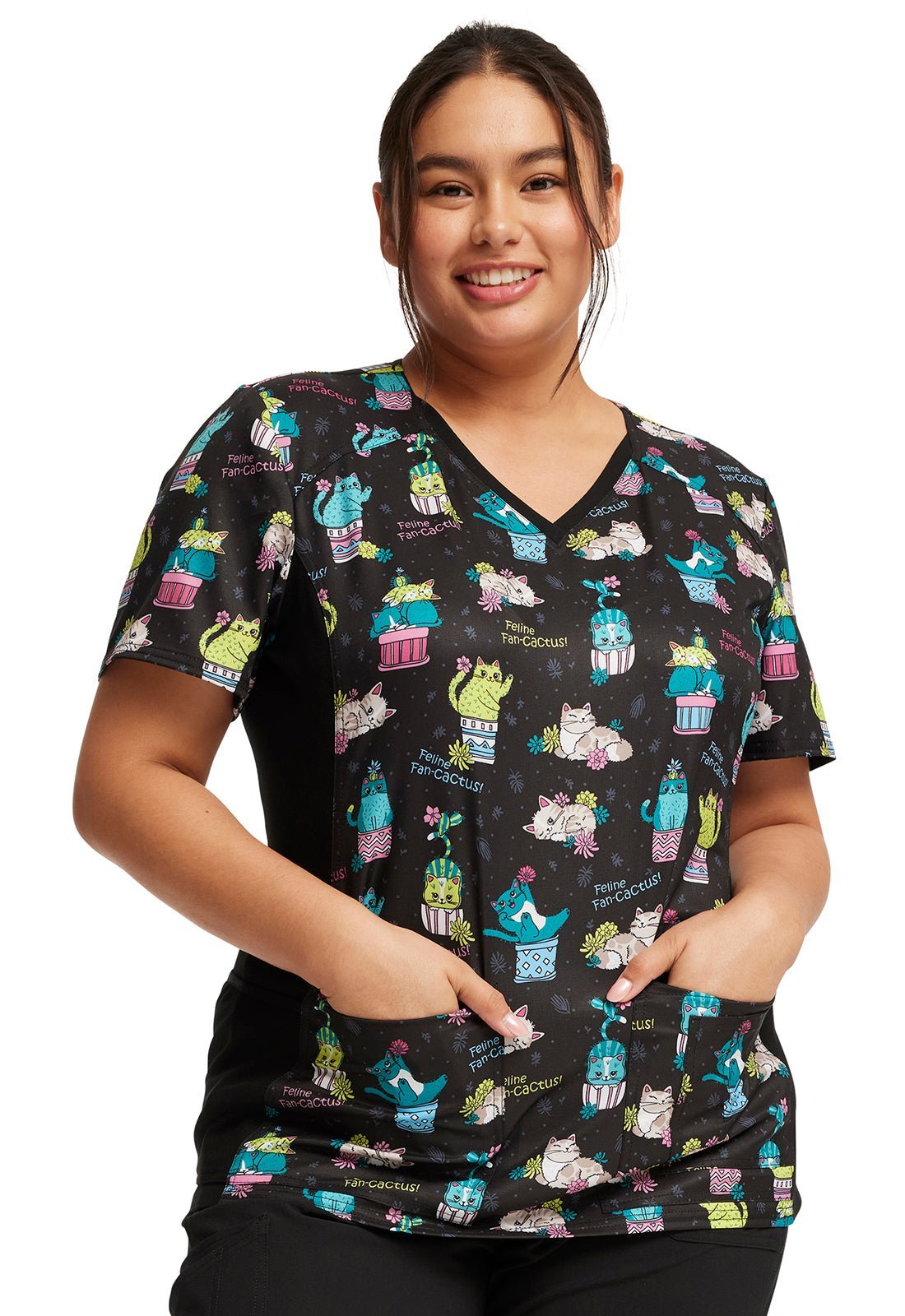 Feline Fan - cactus Cherokee Cat iFlex Print V Neck Knit Panel Scrub Top CK636 FFNC - Scrubs Select