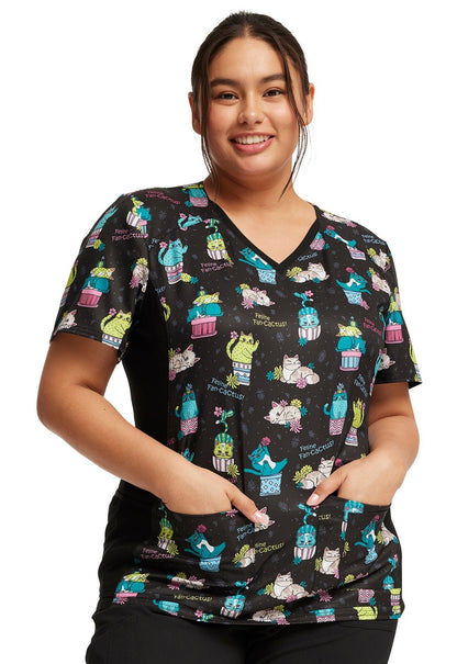 Feline Fan - cactus Cherokee Cat iFlex Print V Neck Knit Panel Scrub Top CK636 FFNC - Scrubs Select