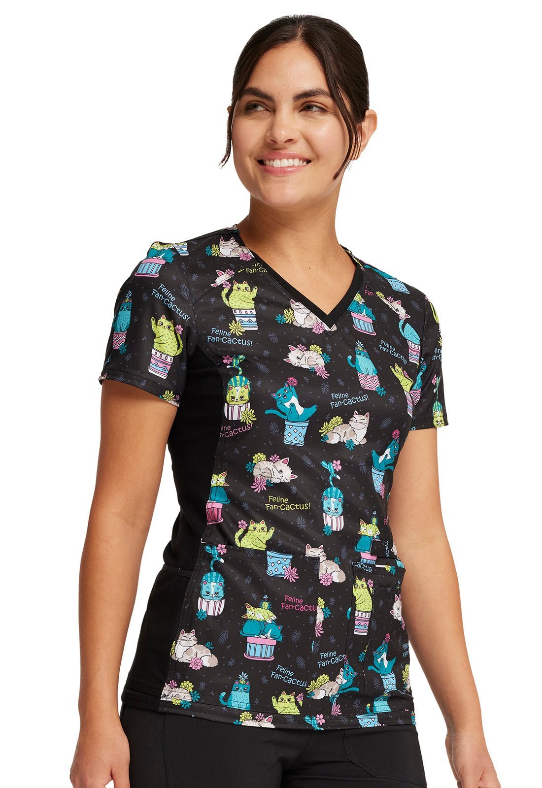 Feline Fan - cactus Cherokee Cat iFlex Print V Neck Knit Panel Scrub Top CK636 FFNC - Scrubs Select