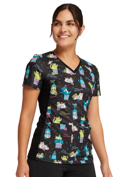 Feline Fan-cactus Cherokee Cat iFlex Print V Neck Knit Panel Scrub Top CK636 FFNC - Scrubs Select