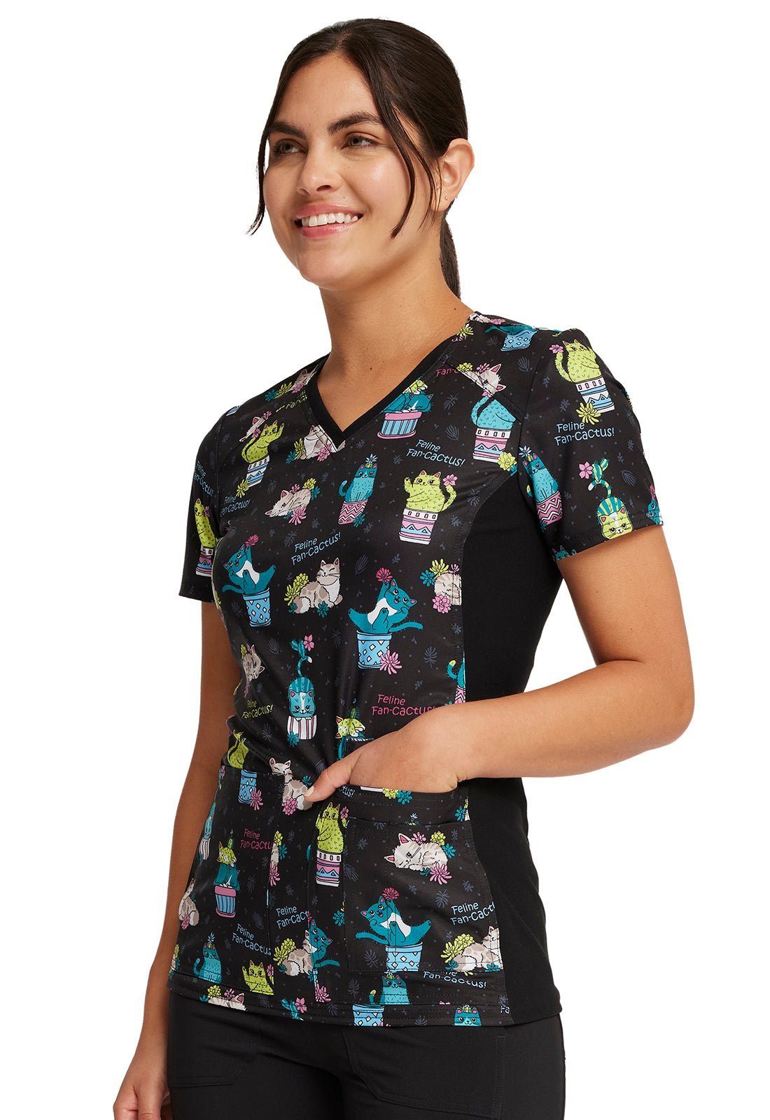 Feline Fan - cactus Cherokee Cat iFlex Print V Neck Knit Panel Scrub Top CK636 FFNC - Scrubs Select