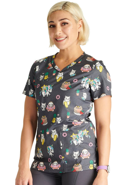 Feline Friendly Cherokee Cat Print V Neck Scrub Top CK678 FIFY - Scrubs Select
