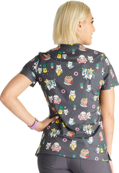 Feline Friendly Cherokee Cat Print V Neck Scrub Top CK678 FIFY - Scrubs Select