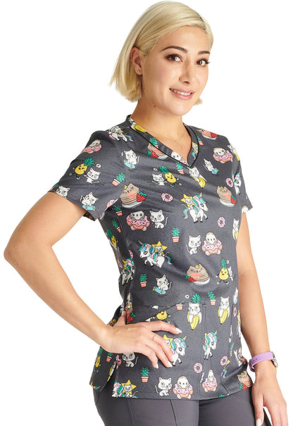 Feline Friendly Cherokee Cat Print V Neck Scrub Top CK678 FIFY - Scrubs Select