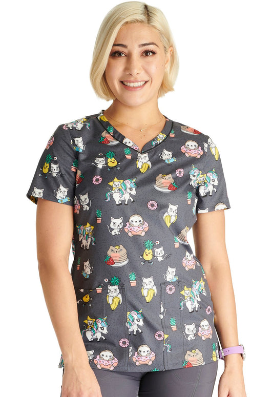 Feline Friendly Cherokee Cat Print V Neck Scrub Top CK678 FIFY - Scrubs Select