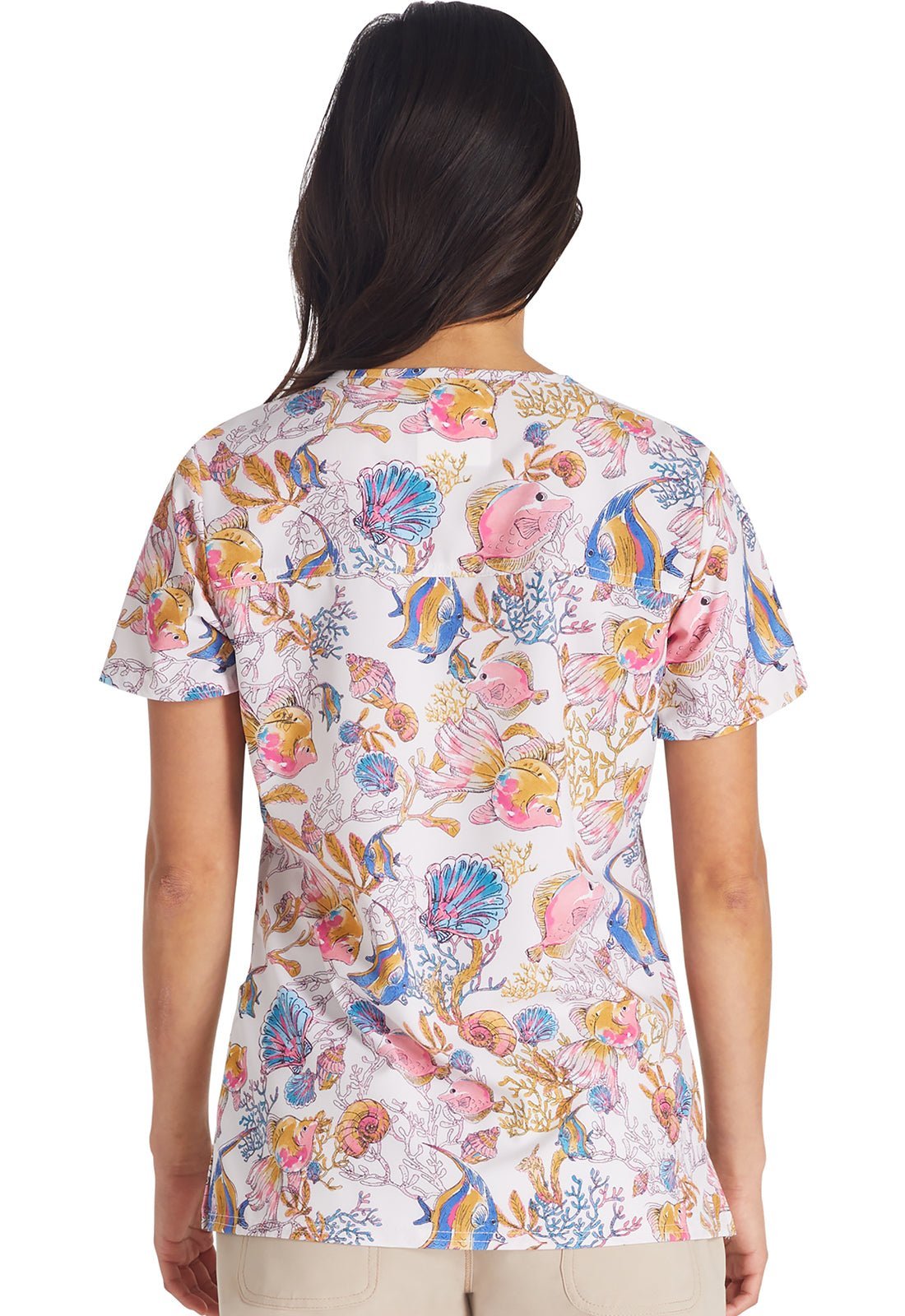Fin - tastic Watercolor Cherokee Fish Print V Neck Scrub Top CK671 FTWL - Scrubs Select