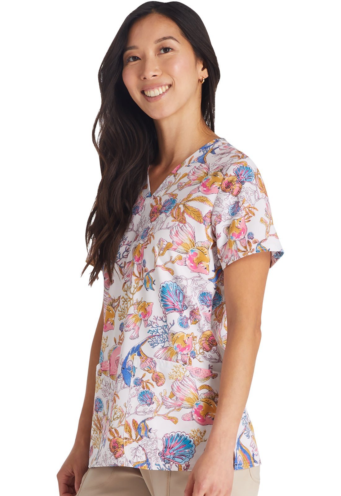 Fin - tastic Watercolor Cherokee Fish Print V Neck Scrub Top CK671 FTWL - Scrubs Select