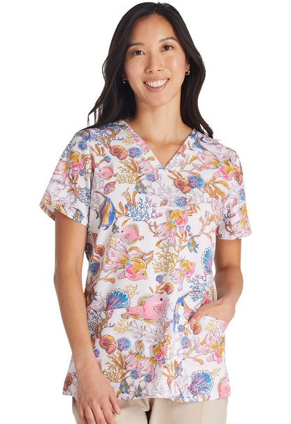 Fin-tastic Watercolor Cherokee Fish Print V Neck Scrub Top CK671 FTWL - Scrubs Select