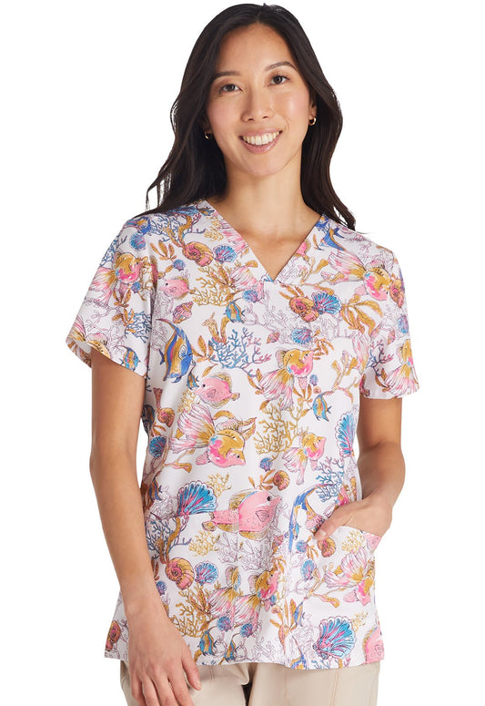 Fin-tastic Watercolor Cherokee Fish Print V Neck Scrub Top CK671 FTWL - Scrubs Select