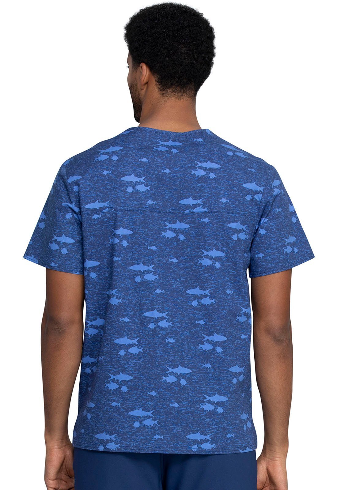 Fish Print Cherokee Scrubs Men's V Neck Top CK692 STIS - Scrubs Select