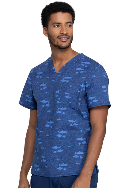 Fish Print Cherokee Scrubs Men's V Neck Top CK692 STIS - Scrubs Select