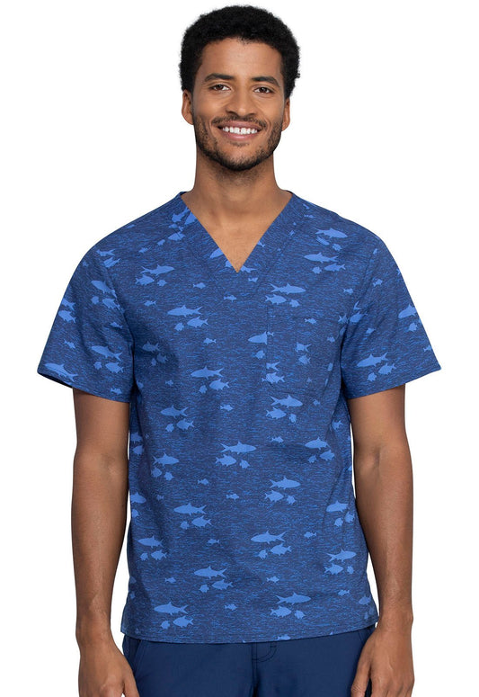 Fish Print Cherokee Scrubs Men's V Neck Top CK692 STIS - Scrubs Select