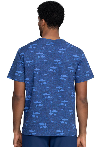Fish Print Cherokee Scrubs Men's V Neck Top CK692 STIS - Scrubs Select