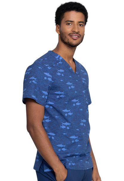 Fish Print Cherokee Scrubs Men's V Neck Top CK692 STIS - Scrubs Select
