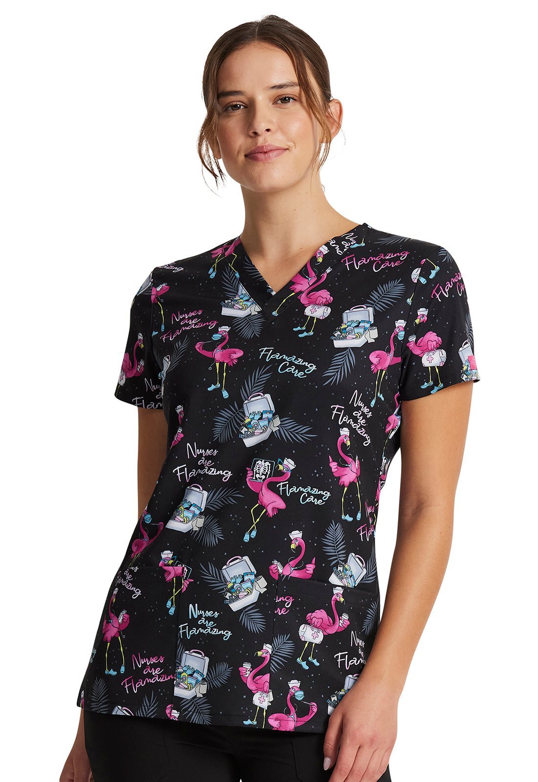 Flamazing Care Dickies Flamingo Nurse EDS Print V Neck Scrub Top DK717 FLZC - Scrubs Select