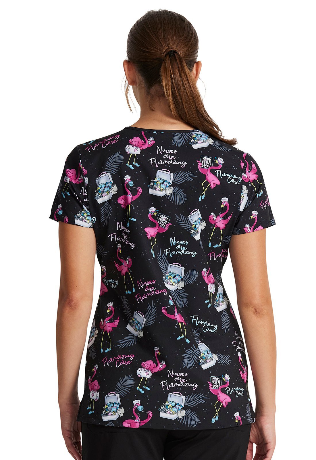 Flamazing Care Dickies Flamingo Nurse EDS Print V Neck Scrub Top DK717 FLZC - Scrubs Select