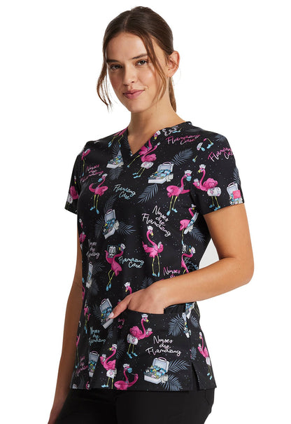 Flamazing Care Dickies Flamingo Nurse EDS Print V Neck Scrub Top DK717 FLZC - Scrubs Select