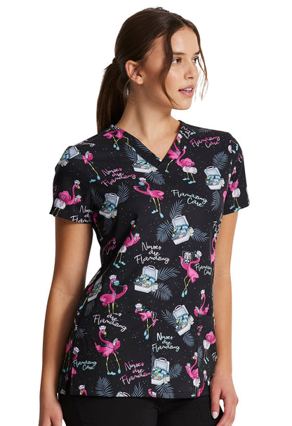 Flamazing Care Dickies Flamingo Nurse EDS Print V Neck Scrub Top DK717 FLZC - Scrubs Select