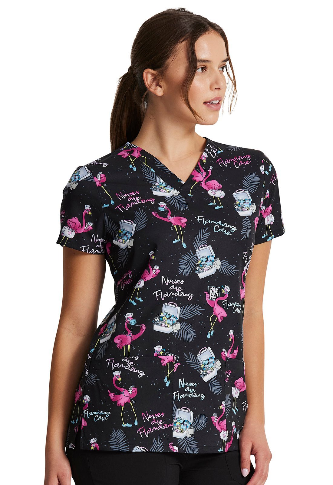 Flamazing Care Dickies Flamingo Nurse EDS Print V Neck Scrub Top DK717 FLZC - Scrubs Select