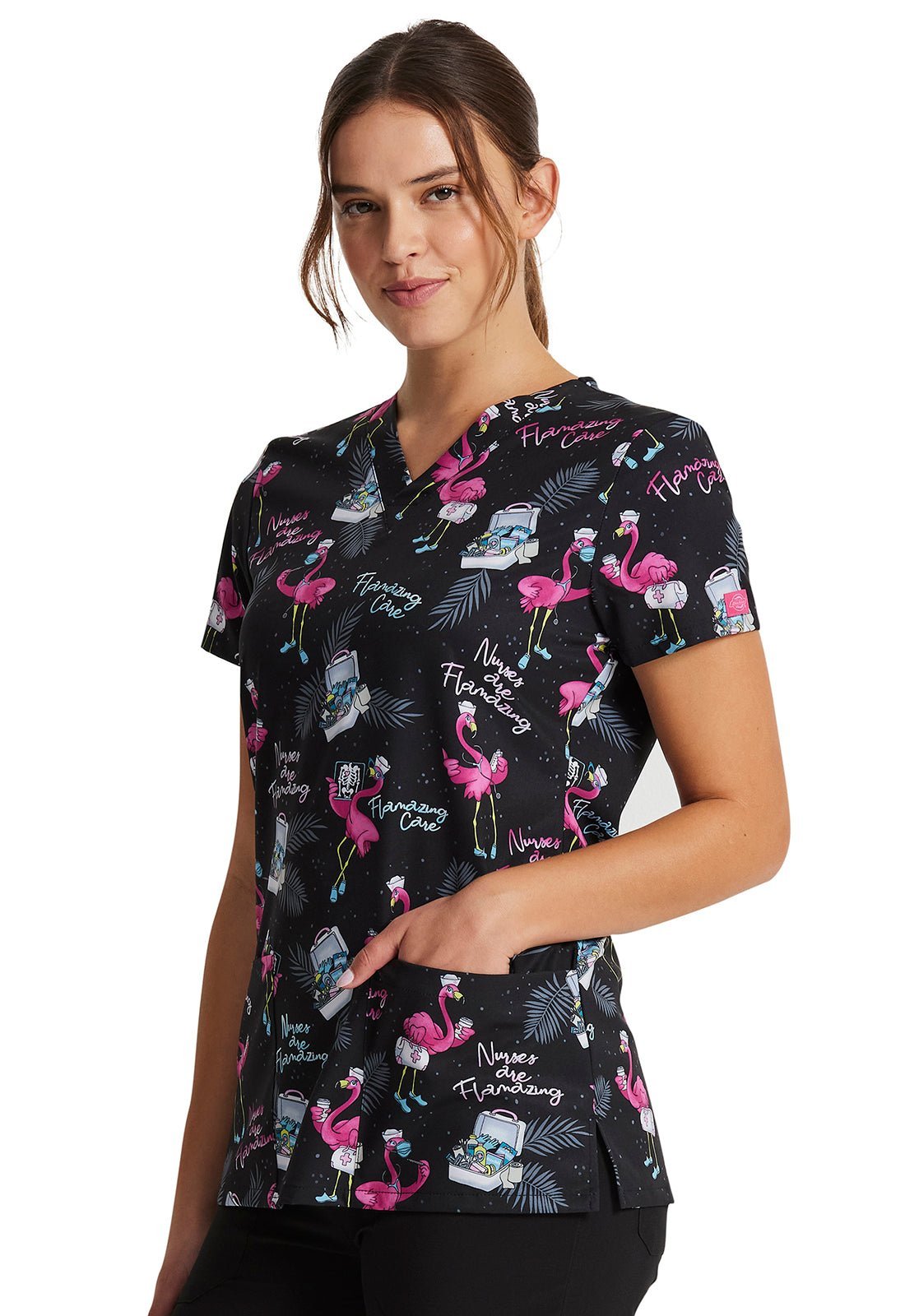 Flamazing Care Dickies Flamingo Nurse EDS Print V Neck Scrub Top DK717 FLZC - Scrubs Select