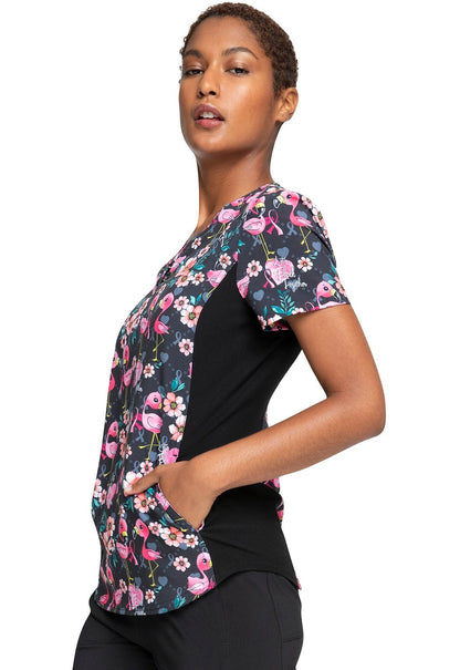 Flamingo Cherokee iflex Print V Neck Knit Panel Scrub Top CK732 LFTG - Scrubs Select